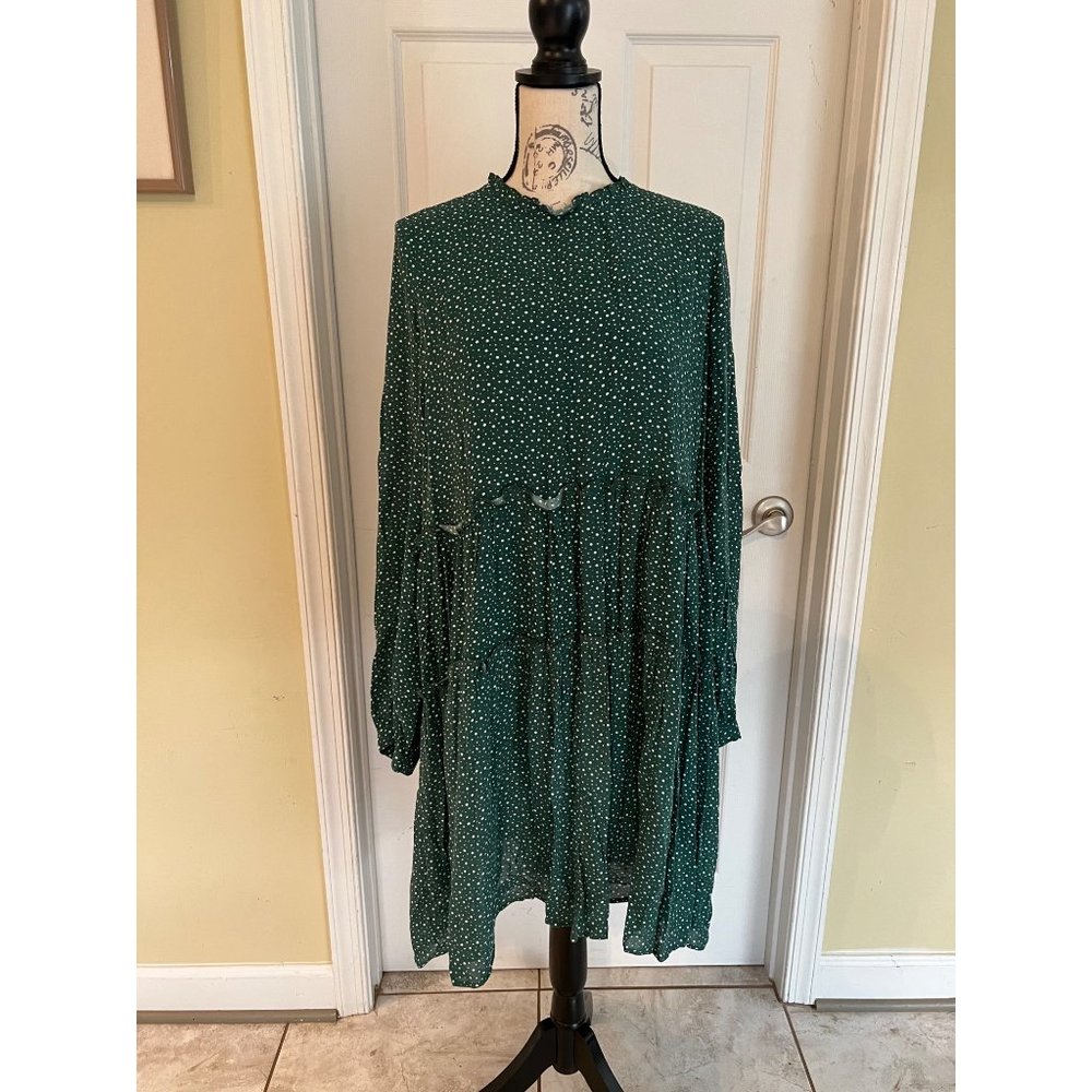 Maeve By Anthropologie Green White Polka Dot Long Sleeve Midi Dress Size L